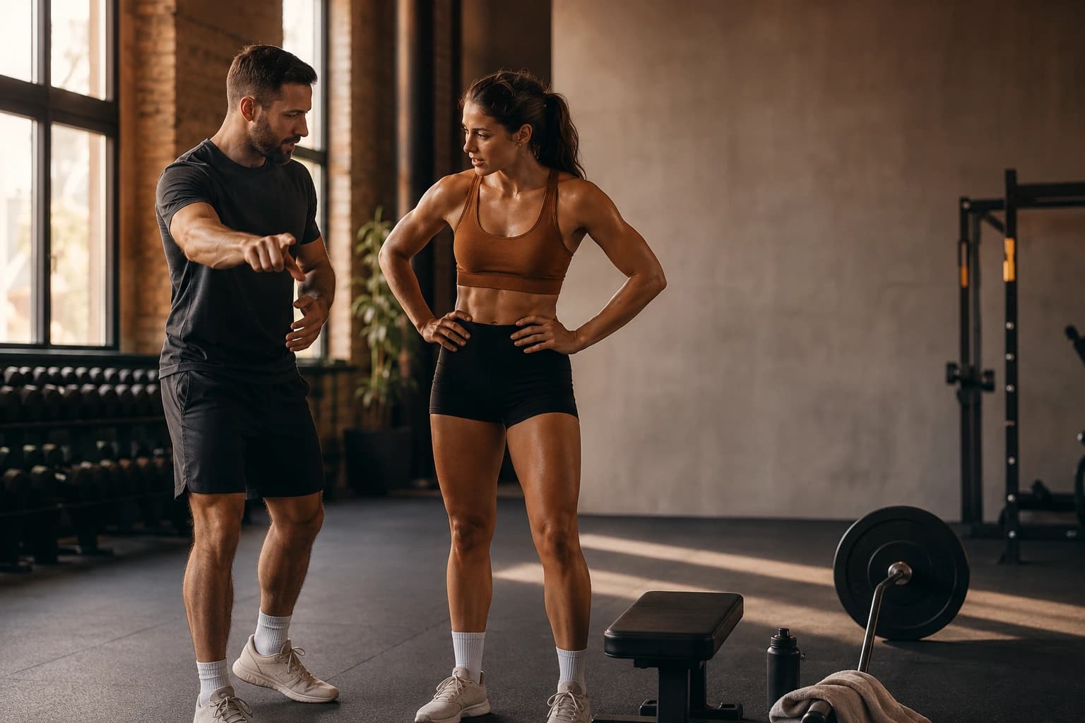 Athlete performing a barbell squat while a coach spots her.